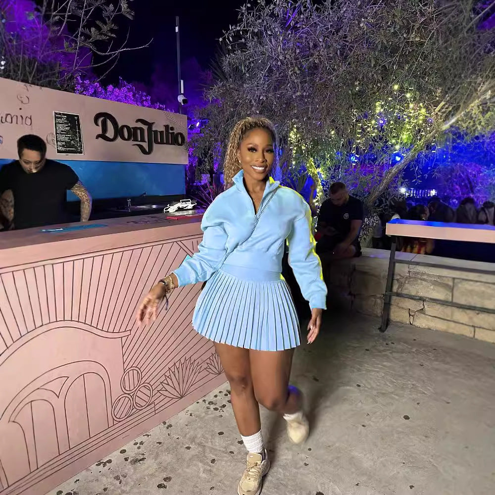 Autumn new fresh and sweet long-sleeved sweatshirt, high-waisted pleated mini skirt, fashionable casual set
