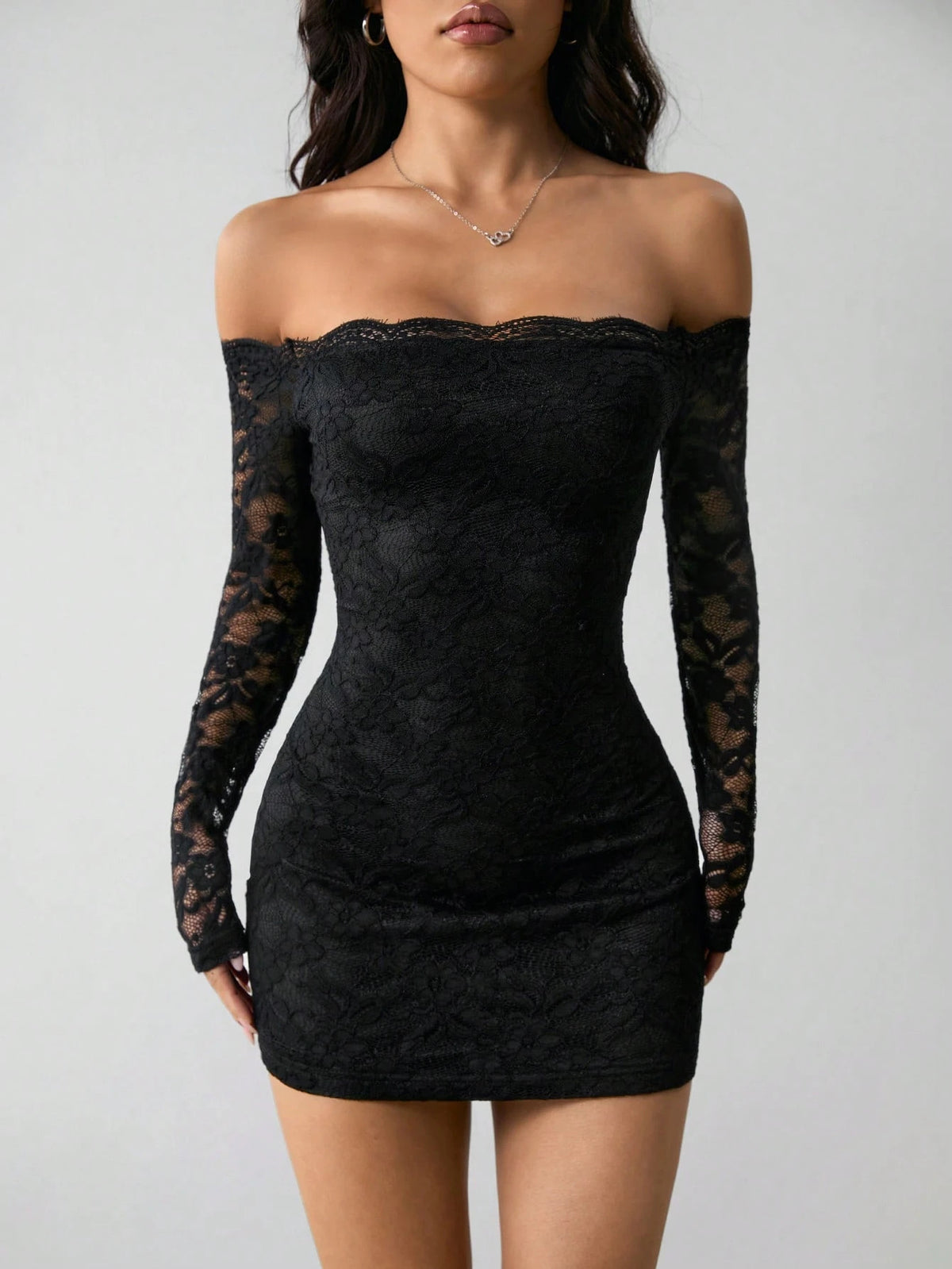 Black Lace Off-Shoulder Long Sleeve Dress