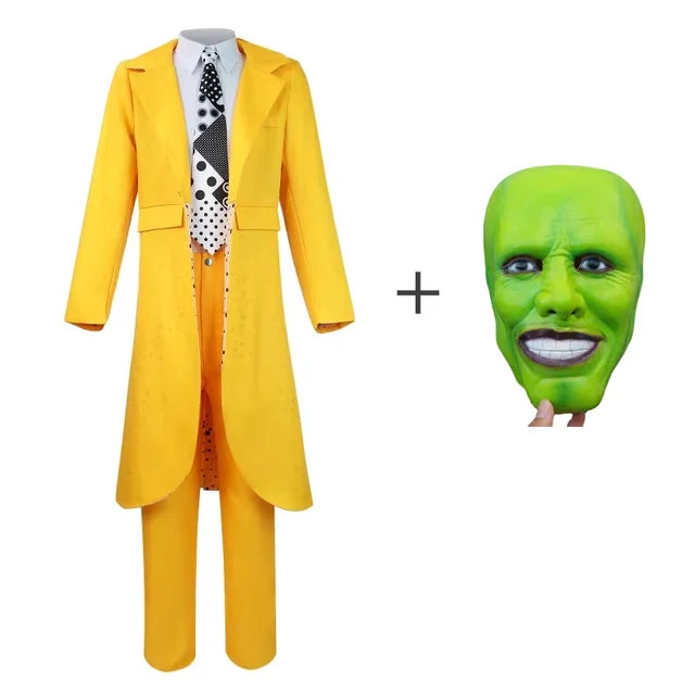 The Mask Cosplay Costume Halloween Jim Carrey Uniform Anime Costume Yellow Trench Coat Hat Carnival Party Clown Mask for Men