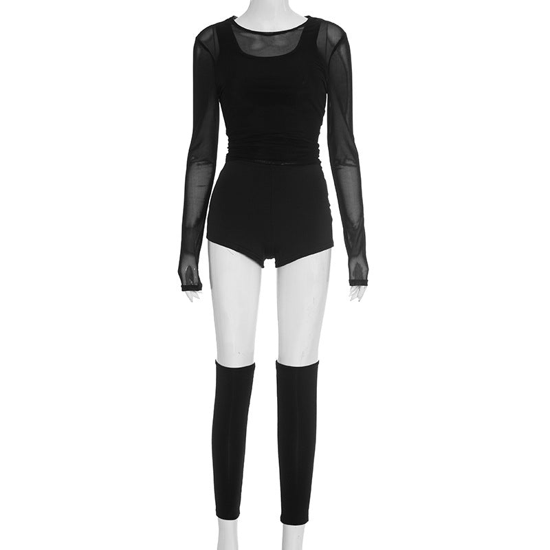Sexy Mesh Long Sleeve Top, Bodycon Shorts, Leg Warmers 4-Piece Set