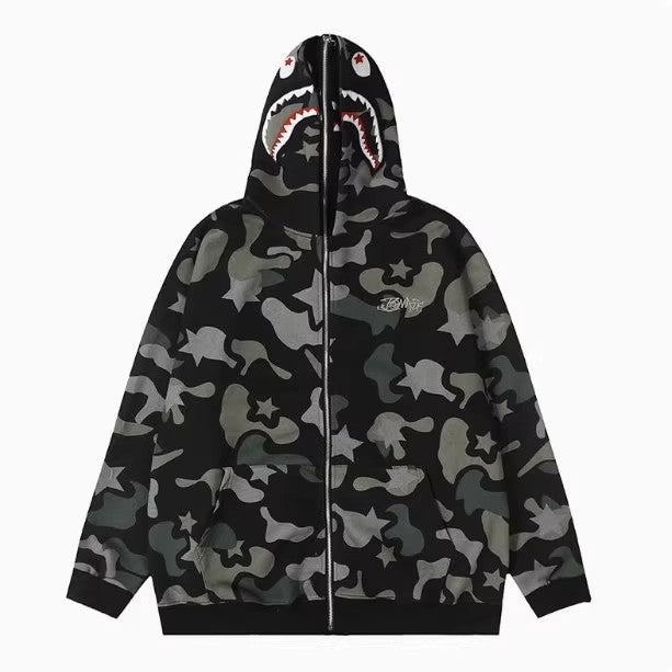 Sudadera con capucha y cierre de cremallera, estampado de tiburón y camuflaje, unisex, edición limitada