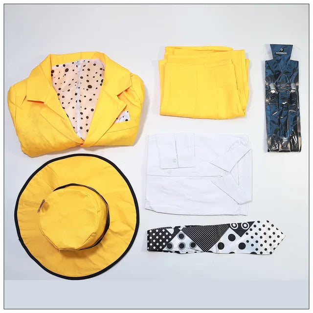 The Mask Cosplay Costume Halloween Jim Carrey Uniform Anime Costume Yellow Trench Coat Hat Carnival Party Clown Mask for Men