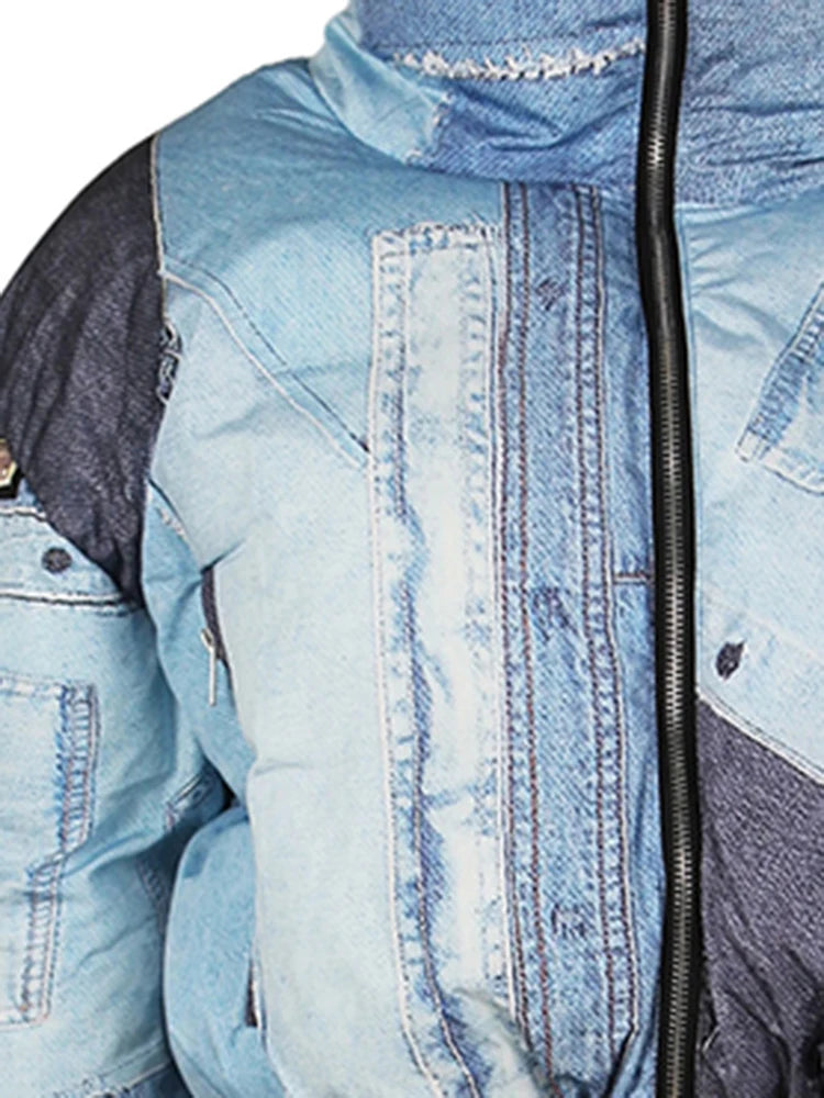 Fashion Women's Cotton-padded Coat Denim Printing Lapel -NB
