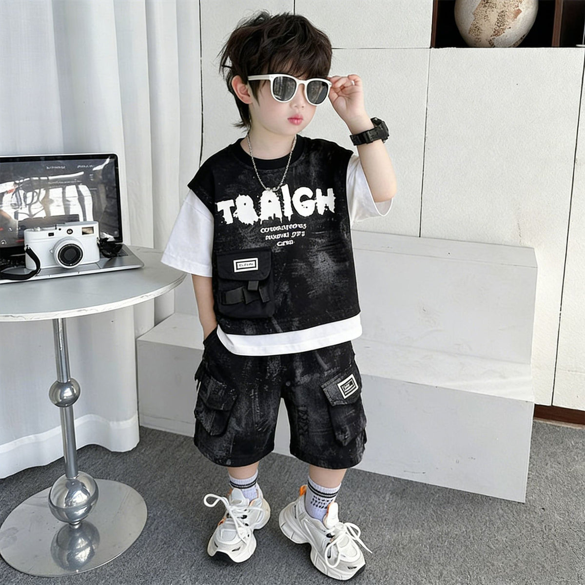 Boy's Short Sleeve Set,Cargo Vest Two-Piece Set