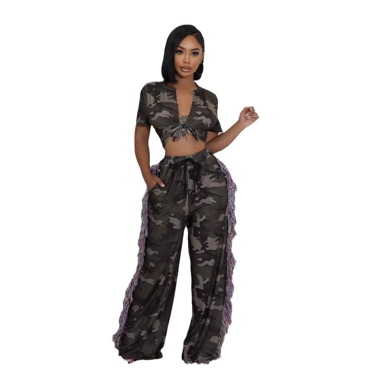 Crop top with high waist, tassel pockets, wide leg pants, camouflage suit
