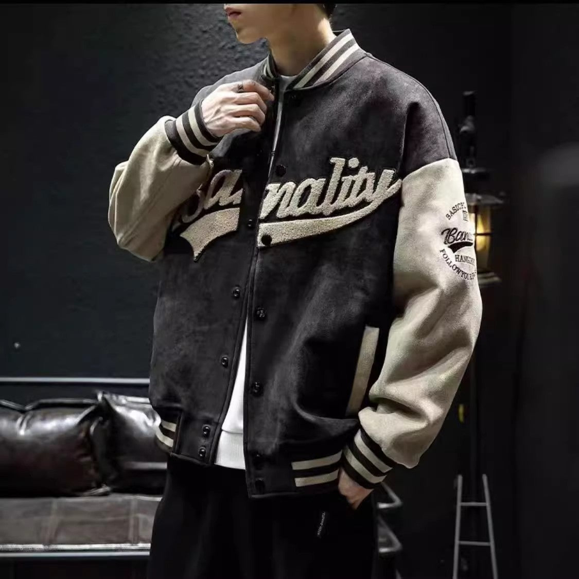 Spring and Autumn Deer Skin Trendy Stand up Collar Windproof Sports Baseball Jacket Men Retro Jacket