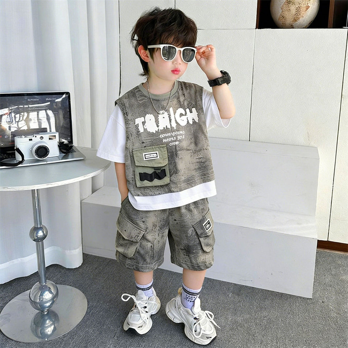 Boy's Short Sleeve Set,Cargo Vest Two-Piece Set