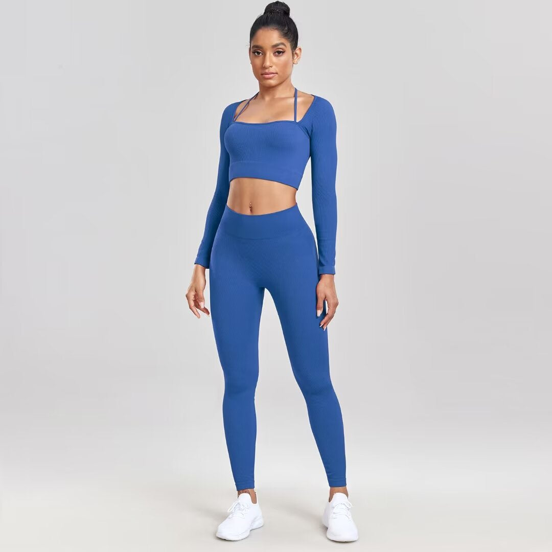 Sports Running Seamless Ribbed Long Sleeve Yoga Fitness Set