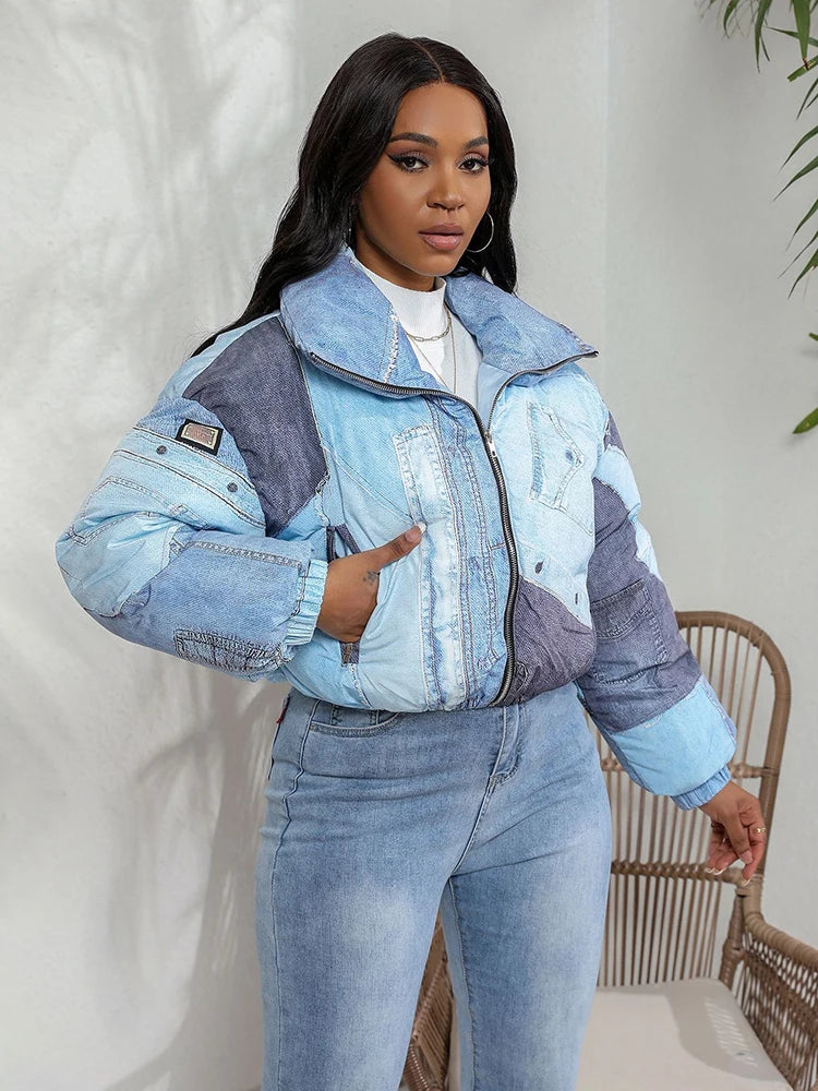Fashion Women's Cotton-padded Coat Denim Printing Lapel -NB