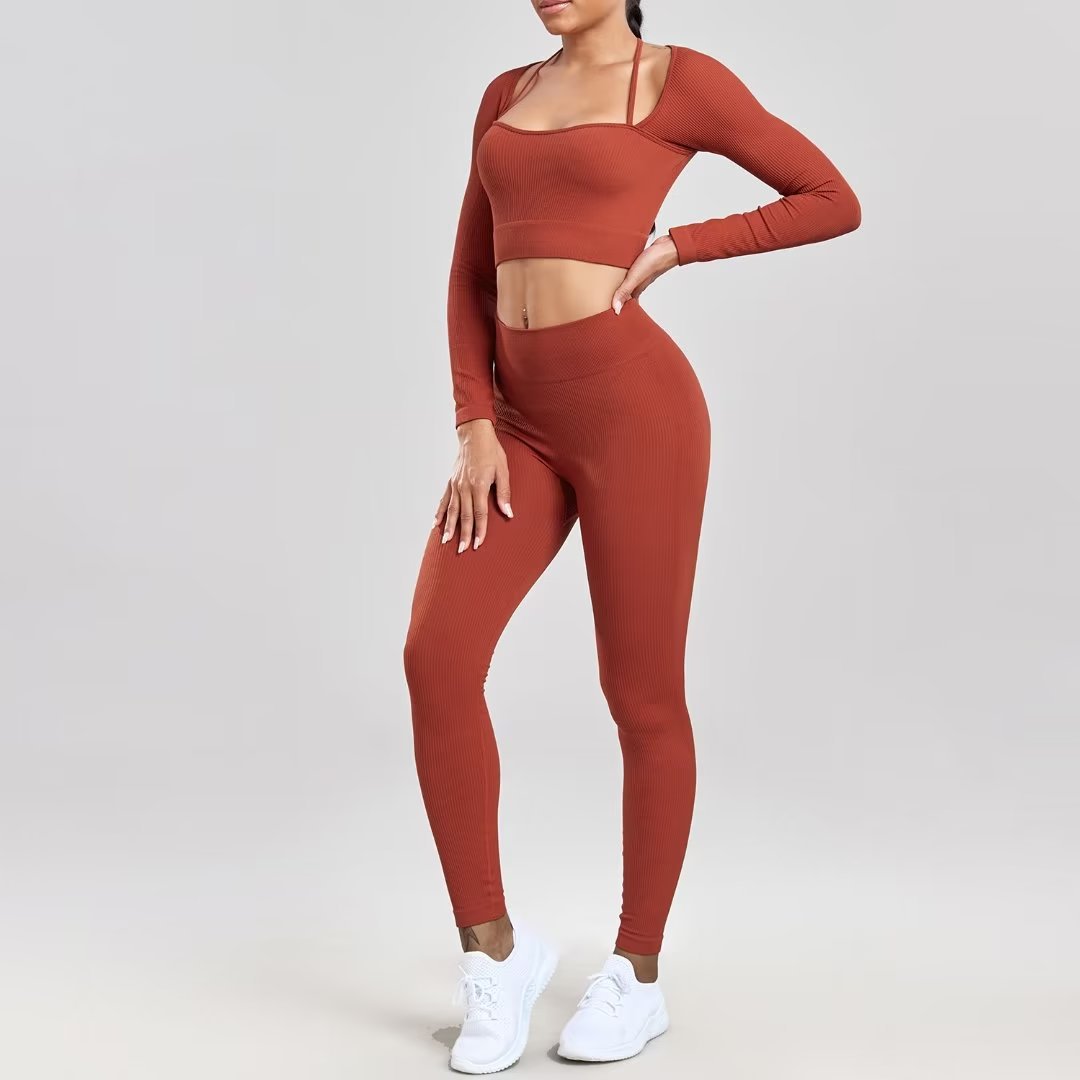 Sports Running Seamless Ribbed Long Sleeve Yoga Fitness Set