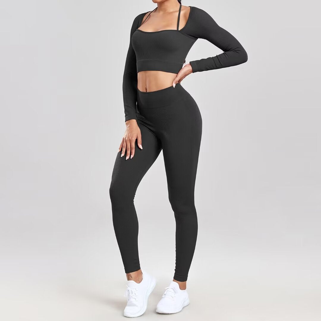 Sports Running Seamless Ribbed Long Sleeve Yoga Fitness Set