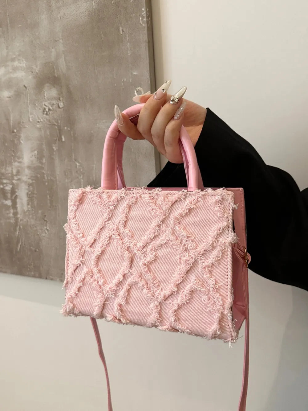 Raw Hem Denim PU Leather Handbag