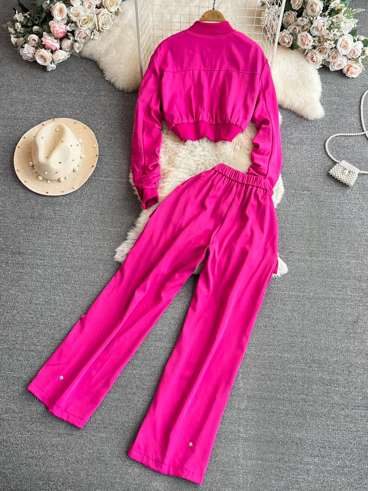 Fashion Set Women's Round-Neck Zipper Cargo Jacket Motorcycle Coat High Waist Back Elastic Pants Autumn