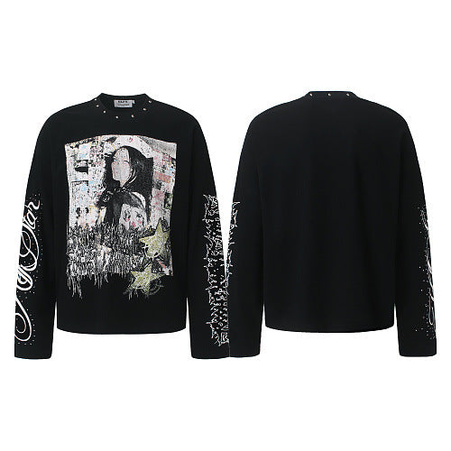 Long Sleeve Studded Graphic Tee Print T-Shirt