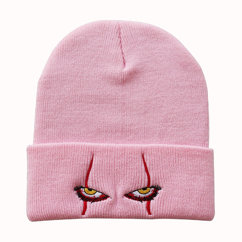 Embroidered Woolen Beanies Hat Scary Clown Eyes Knitted Hat Warm Halloween Hat Beanies