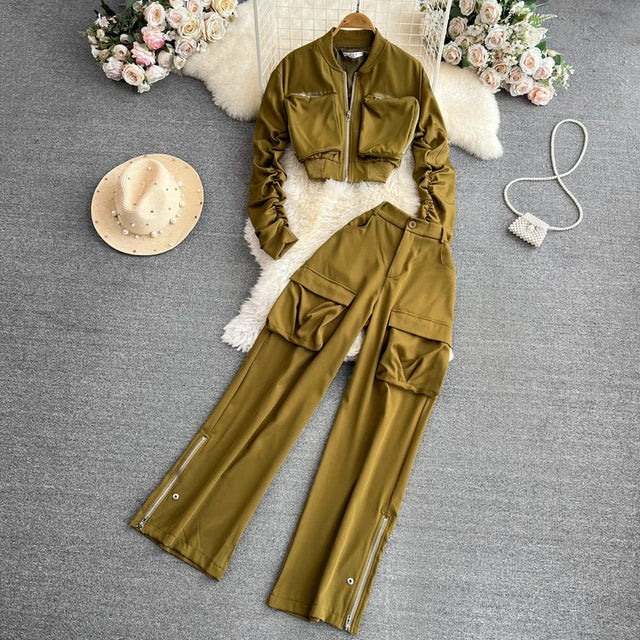 Fashion Set Women's Round-Neck Zipper Cargo Jacket Motorcycle Coat High Waist Back Elastic Pants Autumn