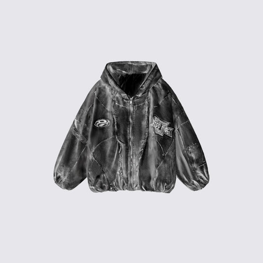 Men's Oversized Retro Patchwork Zip-Up Hooded Jacket