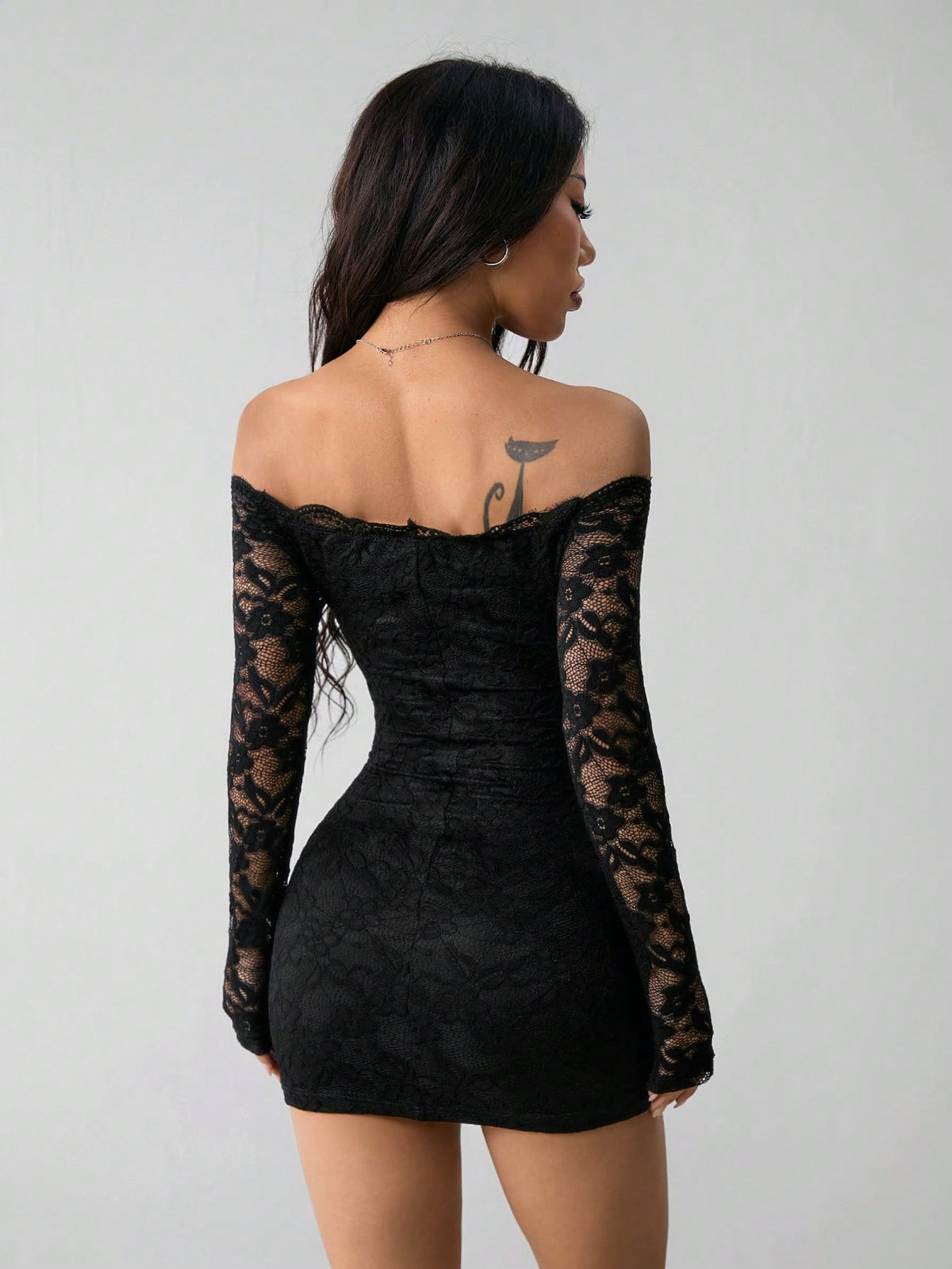 Black Lace Off-Shoulder Long Sleeve Dress