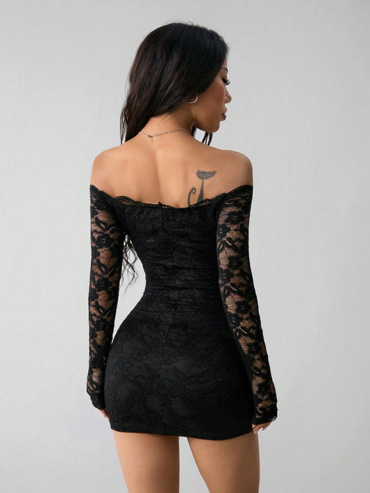 Black Lace Off-Shoulder Long Sleeve Dress