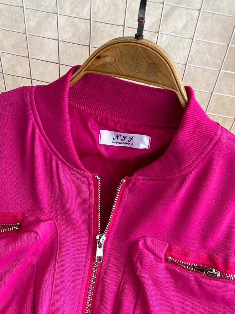 Fashion Set Women's Round-Neck Zipper Cargo Jacket Motorcycle Coat High Waist Back Elastic Pants Autumn