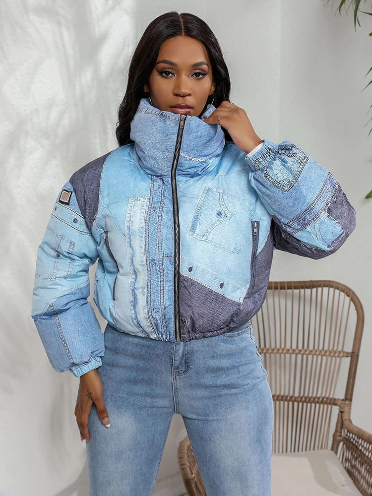 Fashion Women's Cotton-padded Coat Denim Printing Lapel -NB