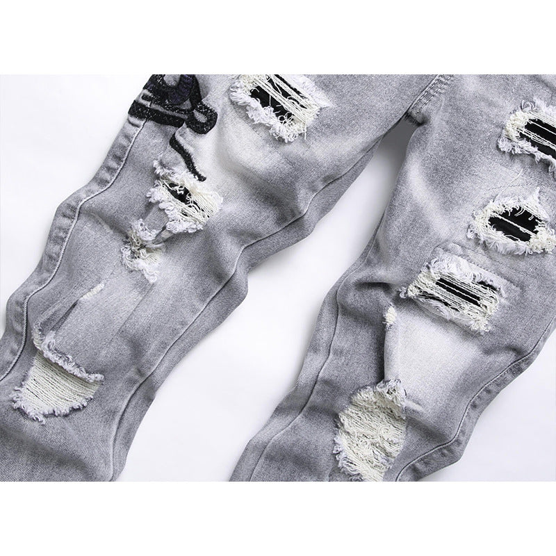 Mens Stretch Ripped Embroidered Jeans '' NO LA BAJE.