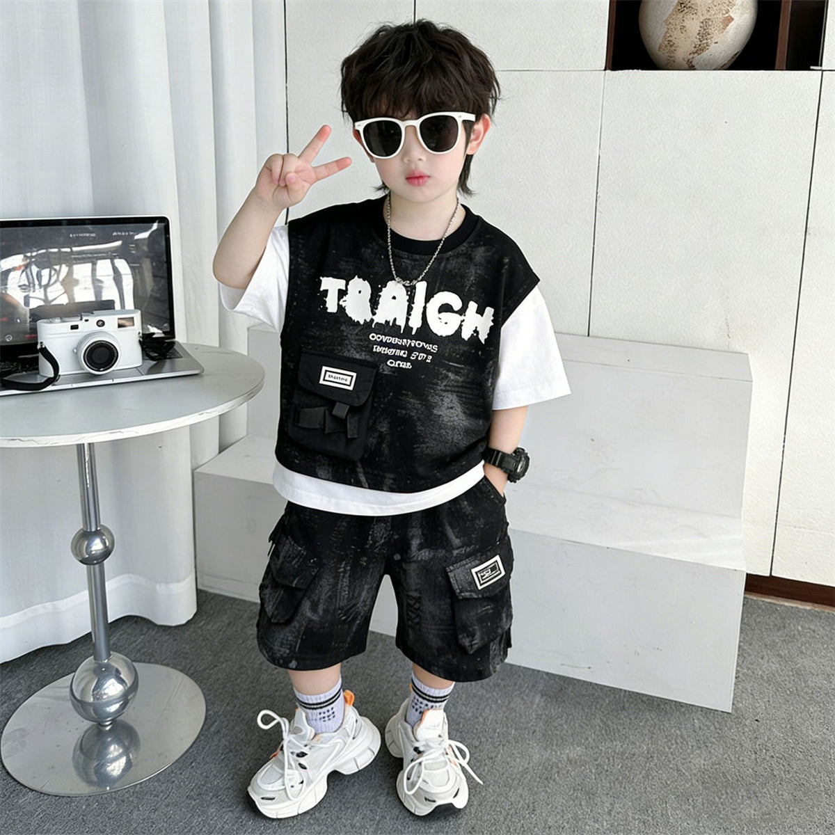 Boy's Short Sleeve Set,Cargo Vest Two-Piece Set