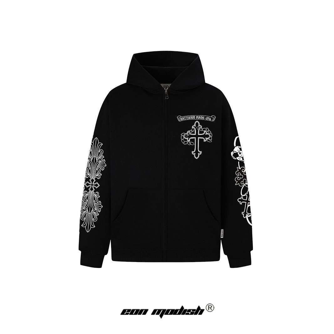 Street Style Cross Print Hooded Sweatshirt Jacket