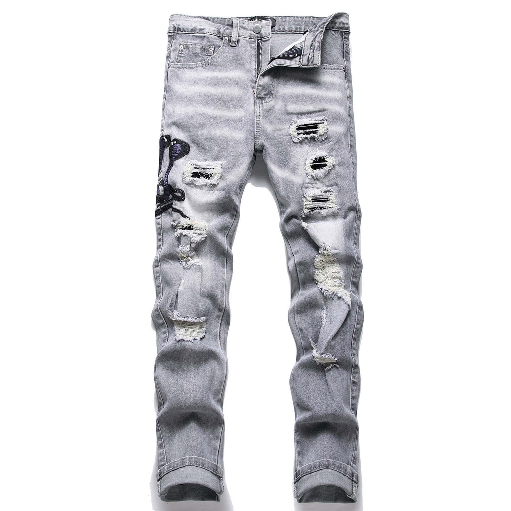 Mens Stretch Ripped Embroidered Jeans '' NO LA BAJE.