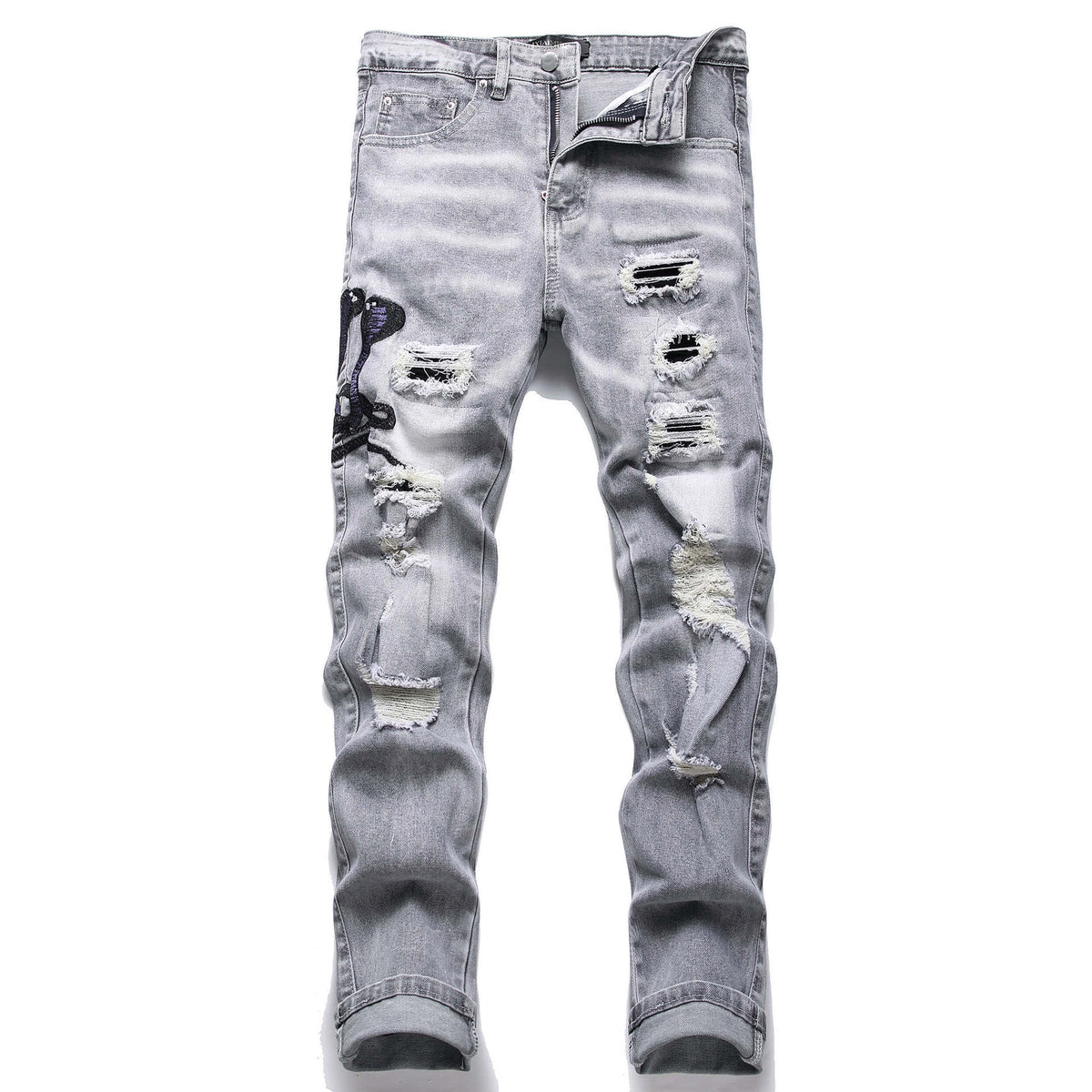 Mens Stretch Ripped Embroidered Jeans '' NO LA BAJE.