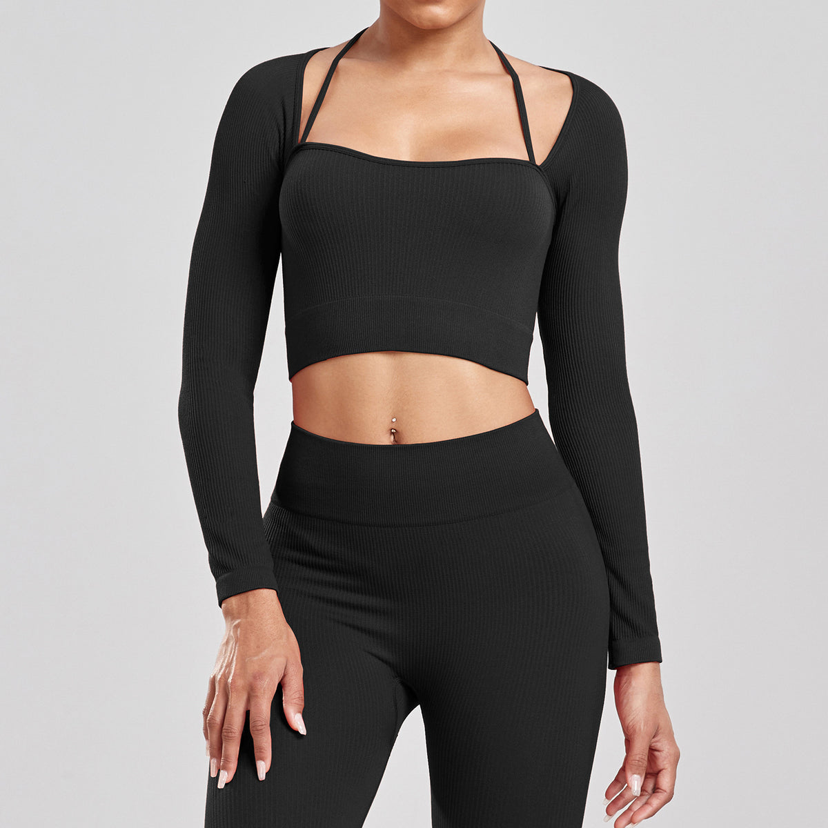 Sports Running Seamless Ribbed Long Sleeve Yoga Fitness Set