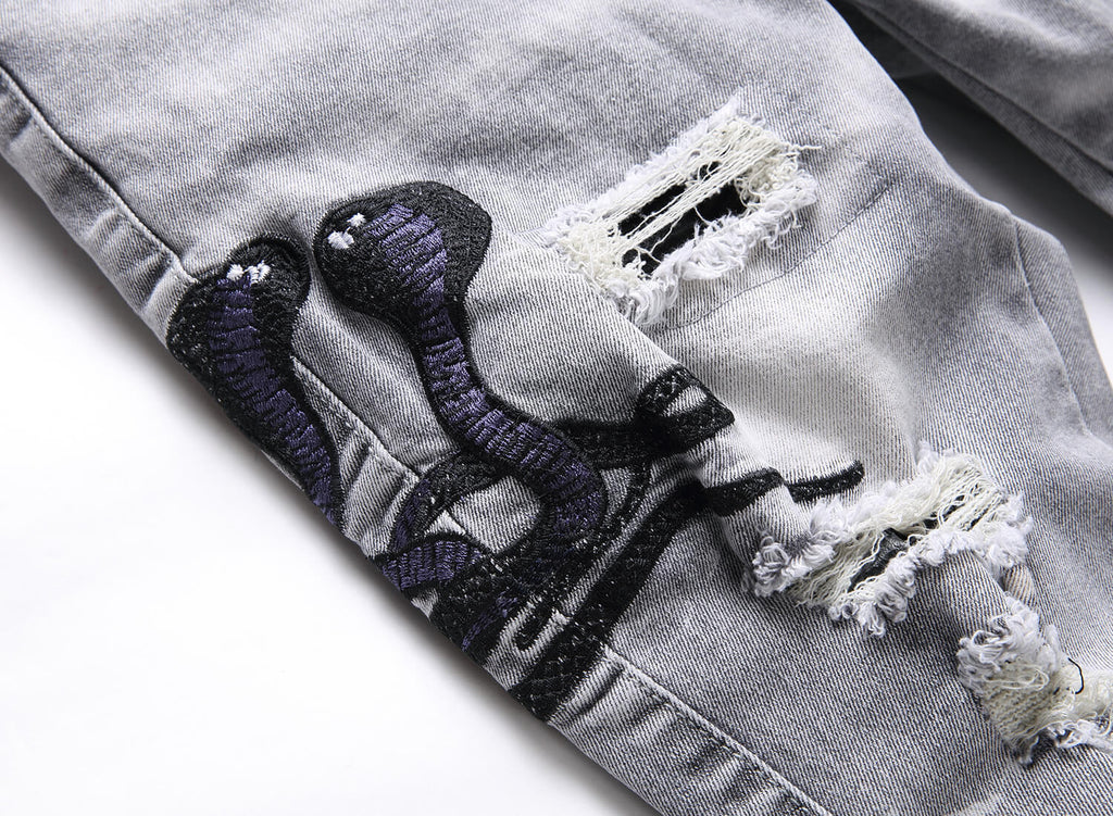 Mens Stretch Ripped Embroidered Jeans '' NO LA BAJE.