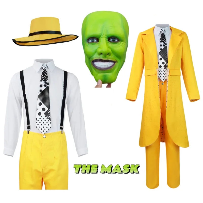 The Mask Cosplay Costume Halloween Jim Carrey Uniform Anime Costume Yellow Trench Coat Hat Carnival Party Clown Mask for Men