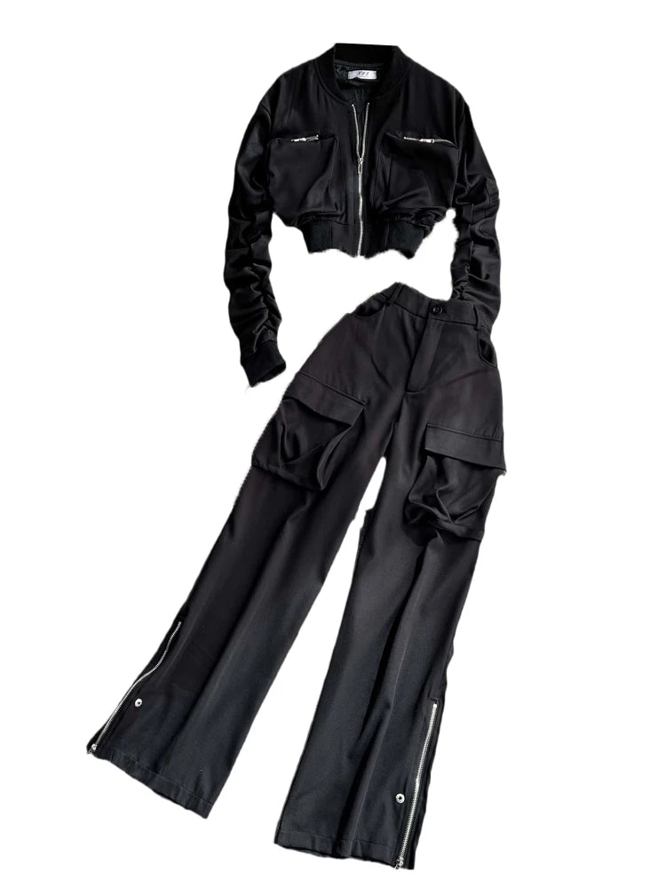 Fashion Set Women's Round-Neck Zipper Cargo Jacket Motorcycle Coat High Waist Back Elastic Pants Autumn