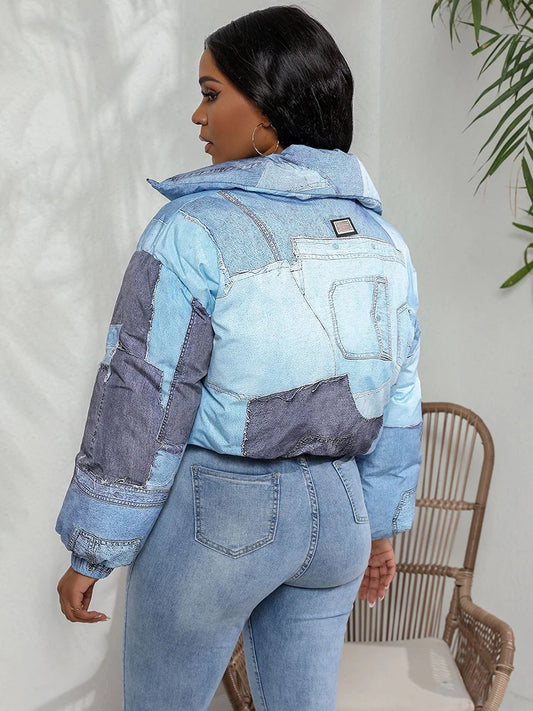 Fashion Women's Cotton-padded Coat Denim Print Lapel -NB