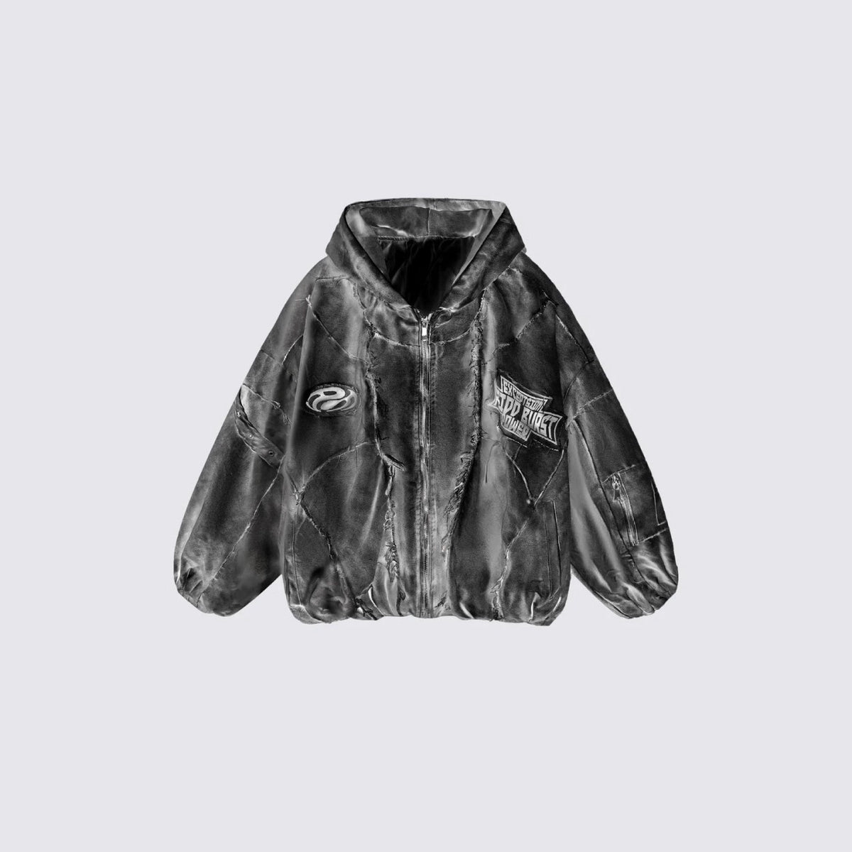 Men's Oversized Retro Patchwork Zip-Up Hooded Jacket