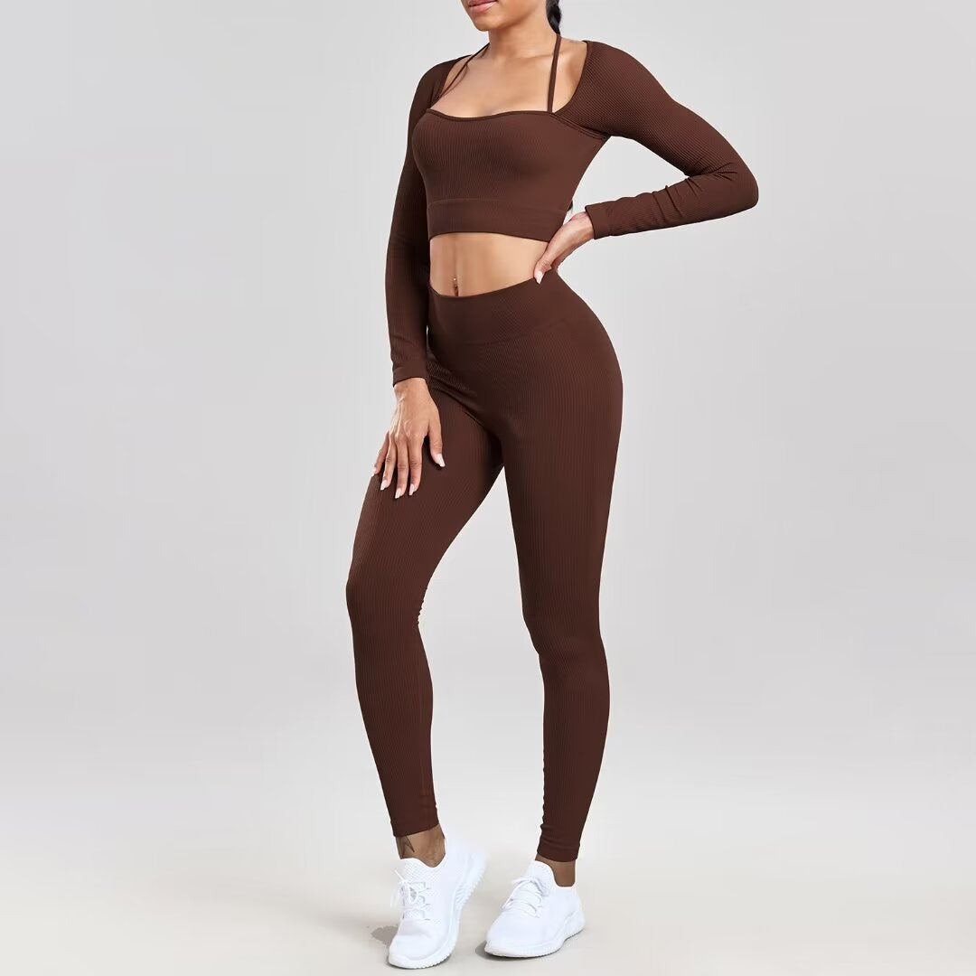 Sports Running Seamless Ribbed Long Sleeve Yoga Fitness Set