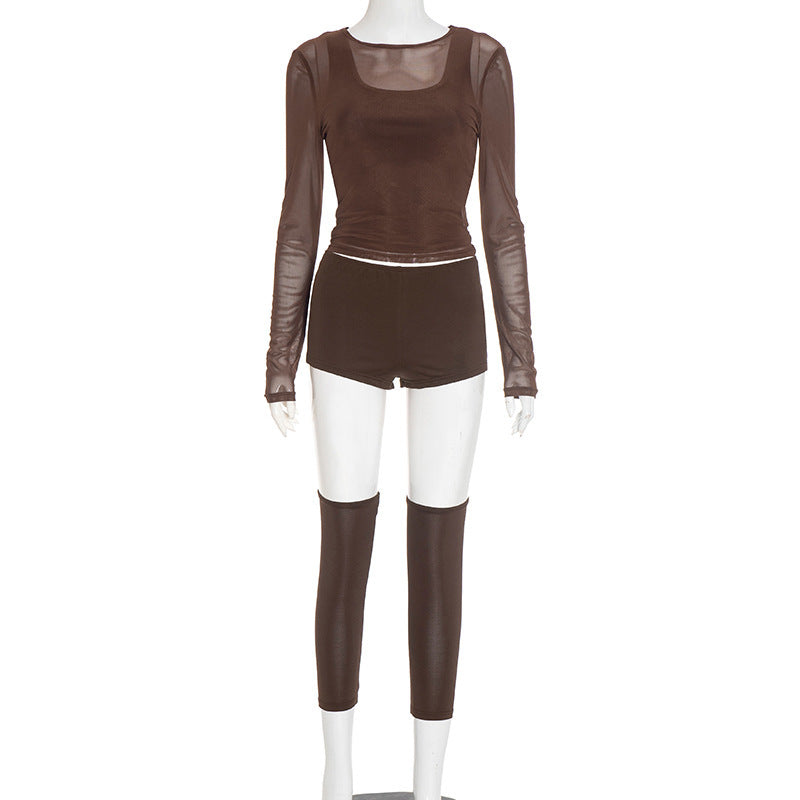 Sexy Mesh Long Sleeve Top, Bodycon Shorts, Leg Warmers 4-Piece Set