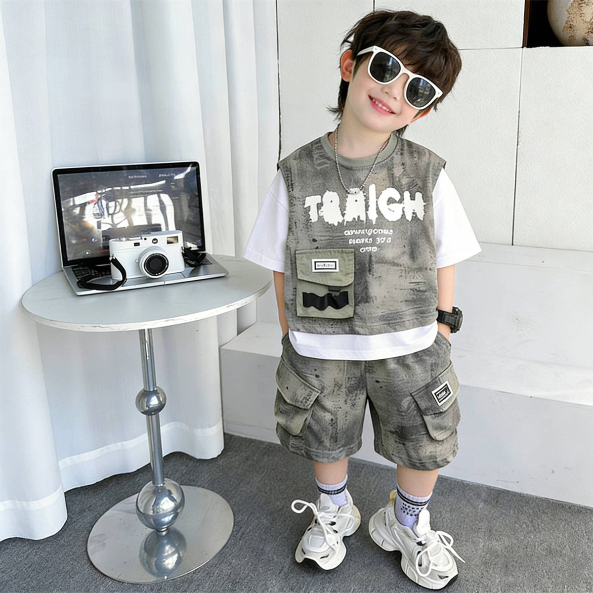 Boy's Short Sleeve Set,Cargo Vest Two-Piece Set