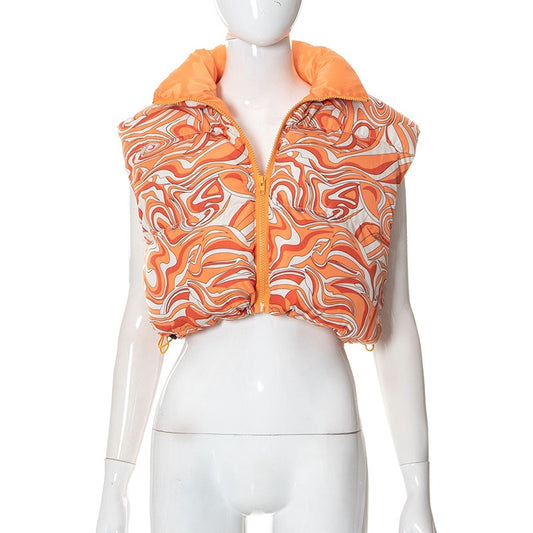 Winter printed vest warm stand-up collar short cotton coat