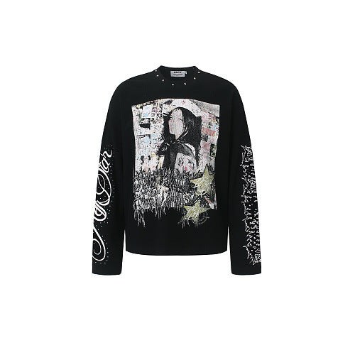 Camiseta de manga larga con estampado gráfico y tachuelas