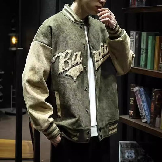 Spring and Autumn Deerskin Trendy Stand-up Collar Windproof Sports Baseball Jacket Men's Retro Jacket
