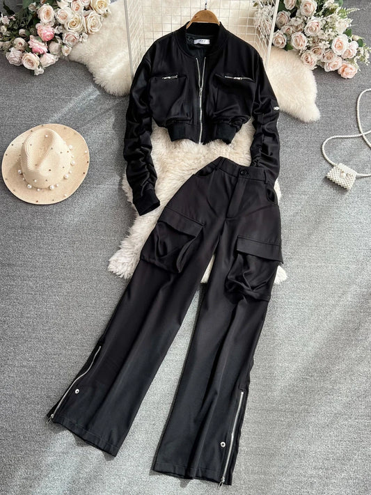 Fashion Set Women's Round-Neck Zipper Cargo Jacket Motorcycle Coat High Waist Back Elastic Pants Autumn