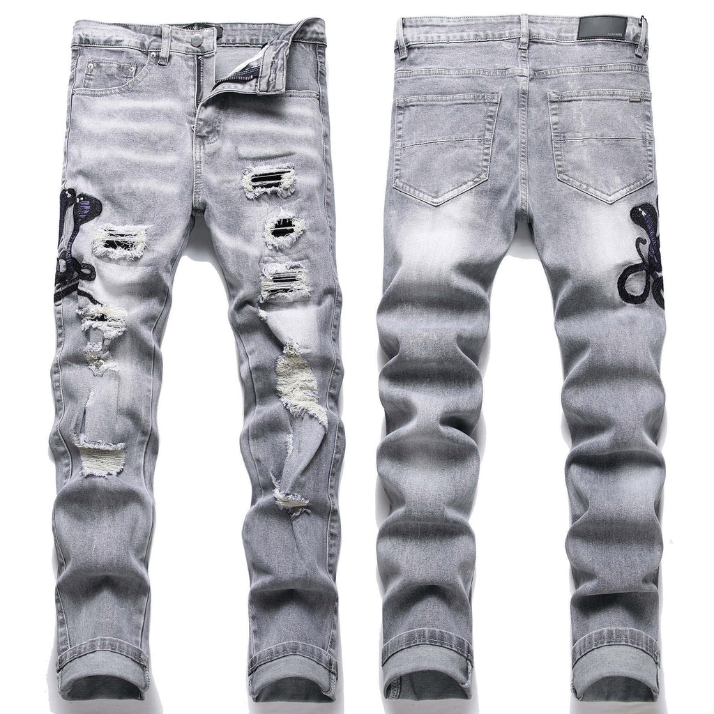 Mens Stretch Ripped Embroidered Jeans '' NO LA BAJE.