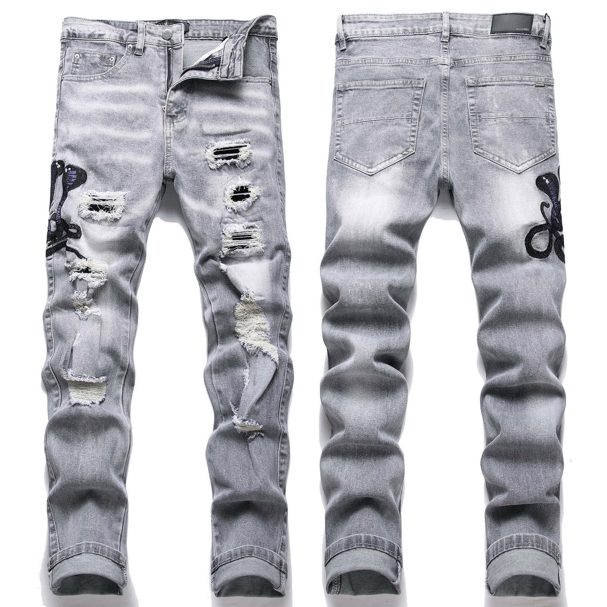 Mens Stretch Ripped Embroidered Jeans '' NO LA BAJE.