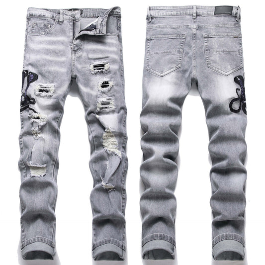 Mens Stretch Ripped Embroidered Jeans '' NO LA BAJE.