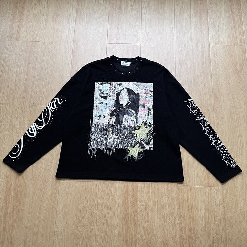 Long Sleeve Studded  Graphic Tee Print T-Shirt