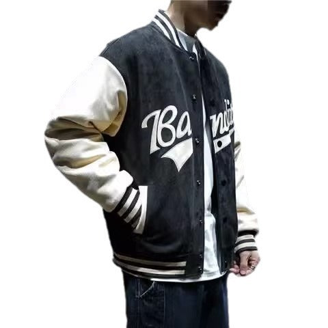 Spring and Autumn Deer Skin Trendy Stand up Collar Windproof Sports Baseball Jacket Men  Retro Jacket