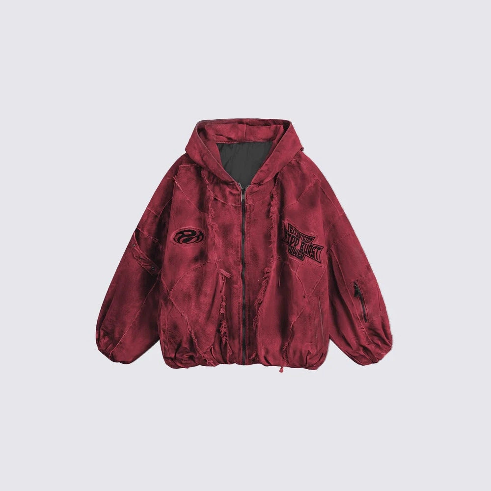 Men's Oversized Retro Patchwork Zip-Up Hooded Jacket