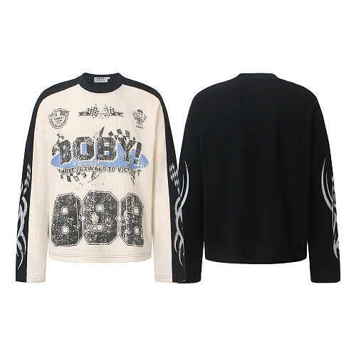 Long Sleeve biker Racing Print Loose Fit T-Shirt